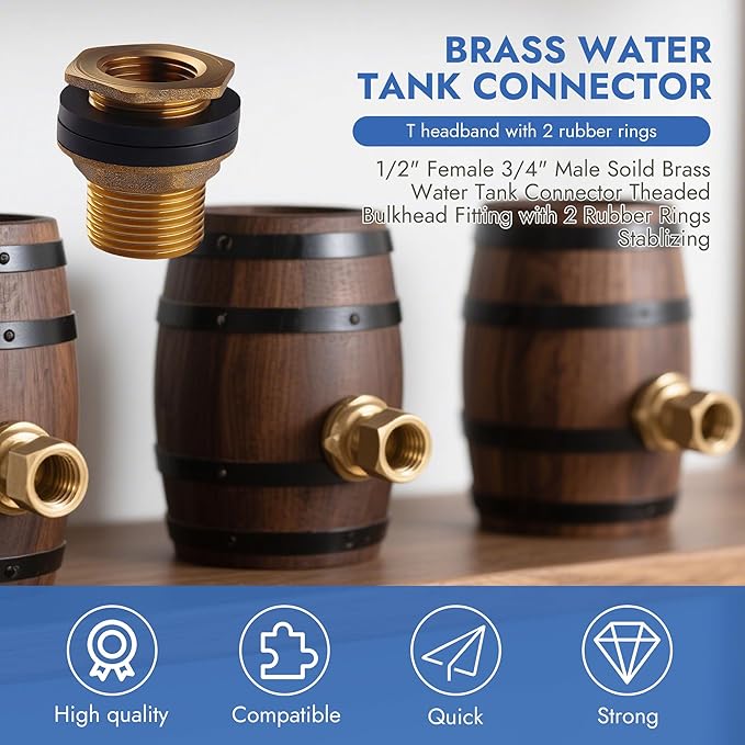 Leak-Proof Bulkhead Fitting 1/2" Female NPT x 3/4" Male GHT, Solid Brass Water Tank Connector for Rain Barrels, Troughs, Pools, Double Rubber Gasket, Rust-Resistant, DIY