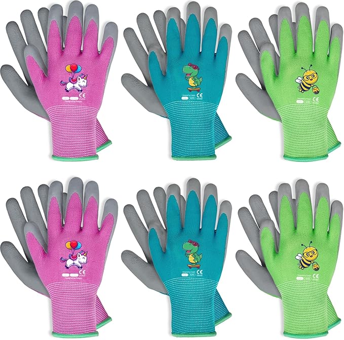 KDK Ages 8-10 Kids Gardening Gloves,Yard Work Gloves for Toddlers, Youth, Girls, Boys, Childrens, Soft Safety Rubber Gloves (6 Pairs Green, Blue&Pink, XS Age 8-10)