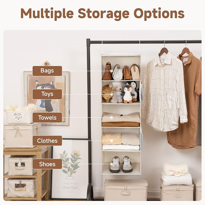 StorageWorks Hanging Closet Organizer for Small Closets, 5 Shelf | Add More Storage to Small Closets with 5 Reinforced Shelves, Perfect for Bedroom, Dorm and RV, Ivory White