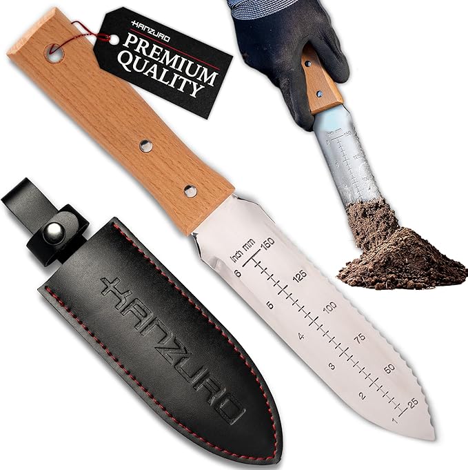 Hori Hori Garden Knife - Japanese Style Weeding & Digging Knife with Stainless Steel Blade, Depth Markings, Wooden Handle & Protective Sheath - Silver