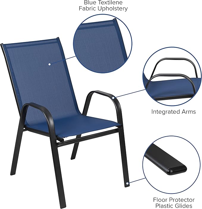 Flash Furniture Brazos Series Outdoor Stackable Patio Chairs with Flex Comfort Material, Stacking Outdoor Modern Sling Patio Chairs, Set of 4, Navy