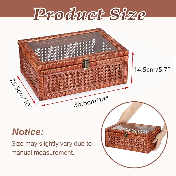 Hipiwe Vintage Rattan Display Box Rectangular Woven with Glass Lid, Brown | Natural Woven Cane Organizer for Home Decor, Decorative Rattan Storage Box for Shelf, Bathroom, Kitchen, 14" x 10" x 5.7"