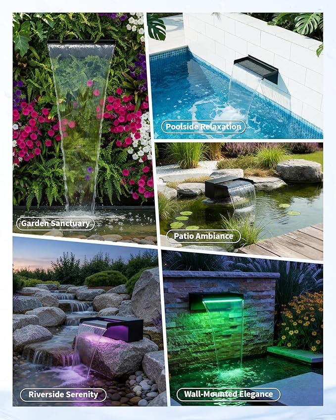 POPOSOAP 12inch Pond Waterfall Spillway with RGB LED Lights & 660GPH Pump Kit - APP/Remote Control, 304 Stainless Steel Pond Spillway with 9.8FT Tubing for Garden Ponds Landscape Water Features-P43DY