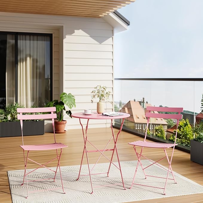 GarveeLife 3-Piece Folding Bistro Set, Foldable Patio Furniture Set with Premium Frame, Outdoor Bistro Table and Chairs Set of 2 for Patio, Garden and Balcony, Pink