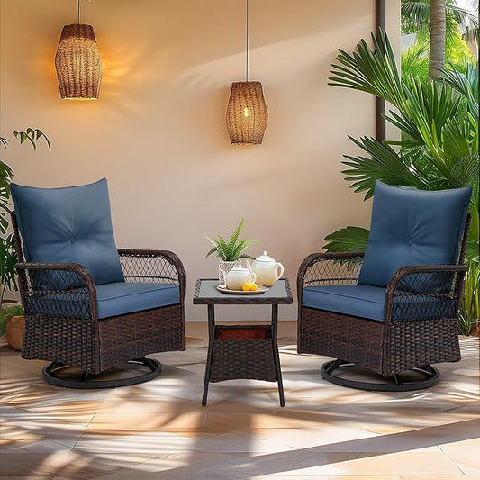 MELLCOM 3 Piece Patio Set, Outdoor Swivel Rocker Patio Chairs with Thick Cushions and Glass Table for Balcony Front Porch Poolside Garden Deck, Blue