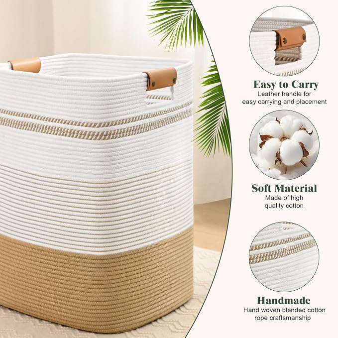 Laundry Hamper, 105L Tall Laundry Basket with Leather Handles, Rectangle Large Clothes Hamper for Organizing, Cotton Woven Laundry Baskets Storage Hampers for Bedroom, Nursery, Living Room