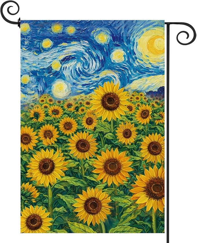 Baccessor Spring Summer Sunflowers Garden Flag 12.5x18 Inch Double Sided Burlap,Starry Night Flower Flag Yard Lawn Seasonal Farmhouse Outside Outdoor Decoration