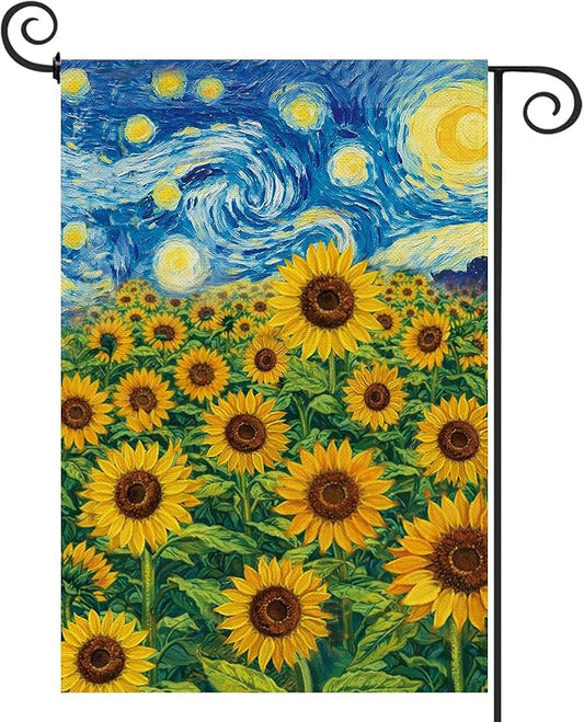 Baccessor Spring Summer Sunflowers Garden Flag 12.5x18 Inch Double Sided Burlap,Starry Night Flower Flag Yard Lawn Seasonal Farmhouse Outside Outdoor Decoration