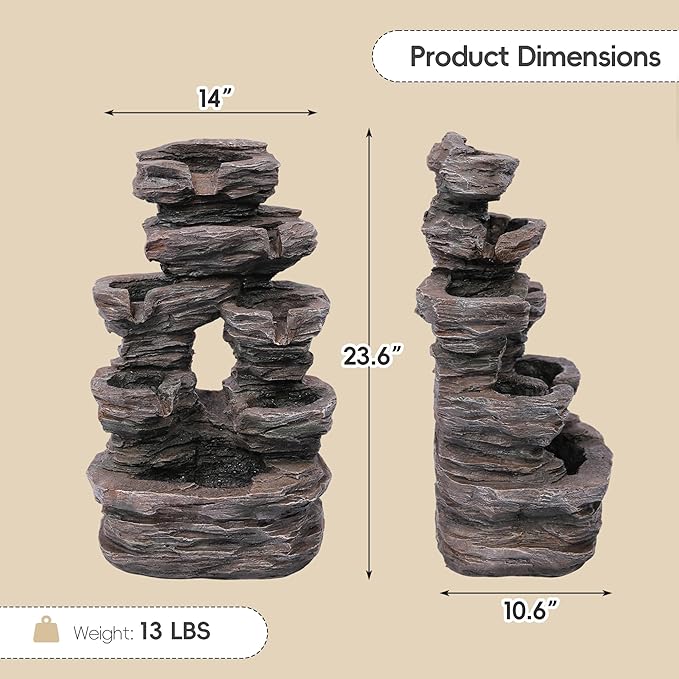 7-Tier Cascading Outdoor Fountain with LED Lights, 23" H Fountains and Waterfalls Stone-Look for Garden, Patio, Yard Decor
