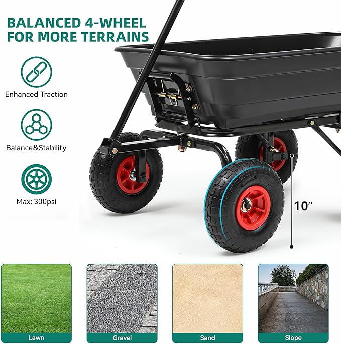 600lbs Garden Dump Cart, 4 Cu.Ft Heavy Duty Wagon Cart with 10" All Terrain Wheels, Steel Frame & Quick Release, Utility Wagon Carts for Yard, Farm and Garden(Black)