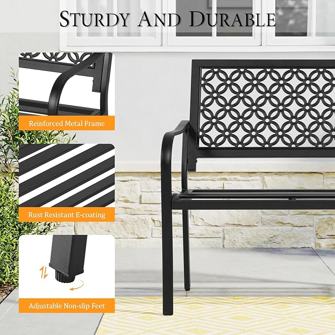 50" Outdoor Bench Weatherproof, 700 lbs Capacity Heavy Duty Garden Benches with Galvanized Metal Frame, Patio Bench with Floral Backrest, Patio Furniture for Porch, Park, Yard, Entryway, Black