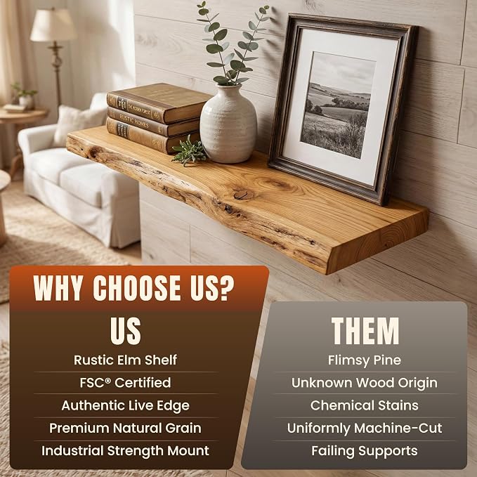 48" Live Edge Floating Shelf, Solid Elm Wood Wall Shelf | 1.4" Extra Thick, 9.3" Deep Heavy Duty Storage, Artisan Natural Finish for Kitchen, Coffee Bar & Living Room