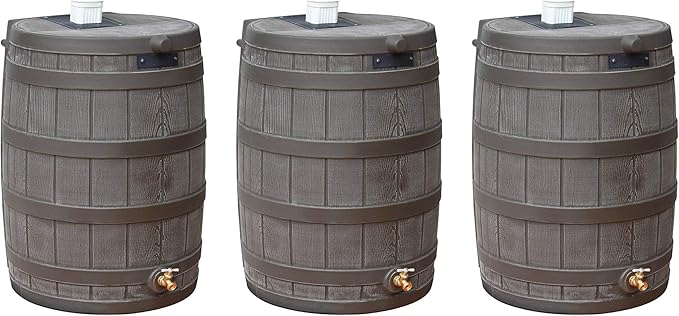 Good Ideas Rain Wizard 50 Gallon Plastic Outdoor Home Rain Barrel Water Storage Collector with Brass Spigot and Flat Back Design, Oak (3 Pack)