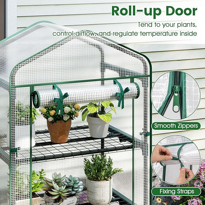 Giantex Mini Greenhouse Indoor Outdoor, 27" x 19" x 75" Portable Plant Grow House with 5 Tier Shelves, PE Cover, Roll-Up Zipper Door, Rustproof Elector-Coating Metal Frame for Patio Balcony Garden