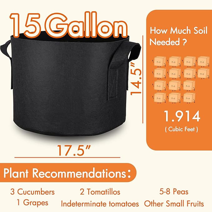 Gardzen 6-Pack 15 Gallon Grow Bags, 300G Thickened Nonwoven Fabric Pots with Handles, Heavy Duty Aeration Plant Bags for Gardening and Container Growing
