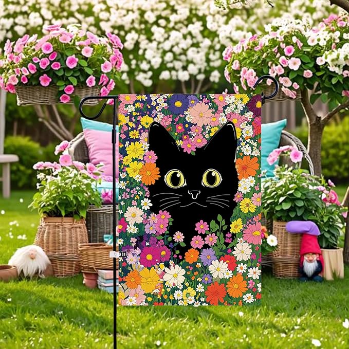Baccessor Spring Summer Funny Cat Garden Flag Double Sided 12.5 x 18 Inch Funny Black Cat Flower Floral Welcome Small Yard Flag Burlap Seasonal Yard Outdoor Outside Decoration