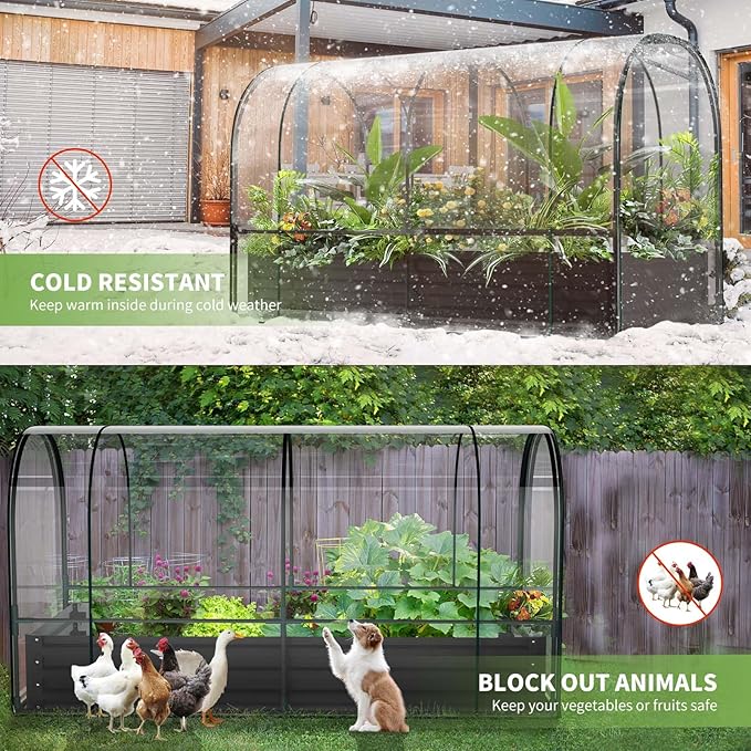 DoCred Galvanized Raised Garden Bed with PVC Cover, 72.8" x 37.4" x 47.2" Metal Planter Bottomless Box w/ Roll-Up Window, Mini Greenhouse Tent for Outdoor Growing Vegetables Flower Fruit