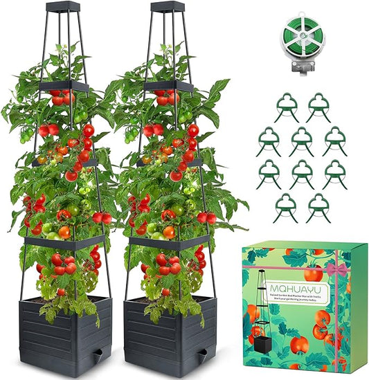 2-Pack Tomato Planter with Trellis, 57" Self-Watering Raised Garden Bed Planter Box, Tomato Cages for Indoor & Outdoor Climbing Plants, Vines, Vegetables, and Flowers (57x9.8x9.8IN)