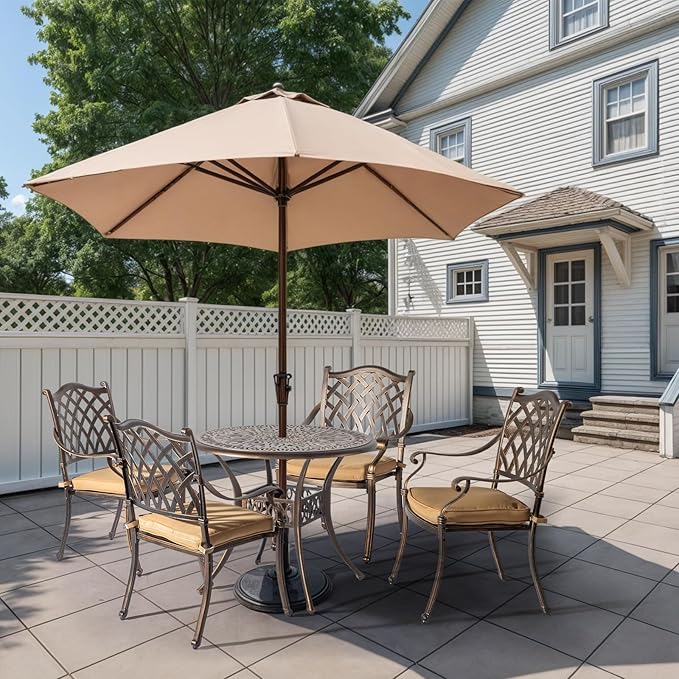 Outvita Patio Side Table, 35.4in Outdoor Round Cast Aluminum Bistro Table with Umbrella Hole and Antique Design for Backyard Porch Pool Balcony Deck Bronze