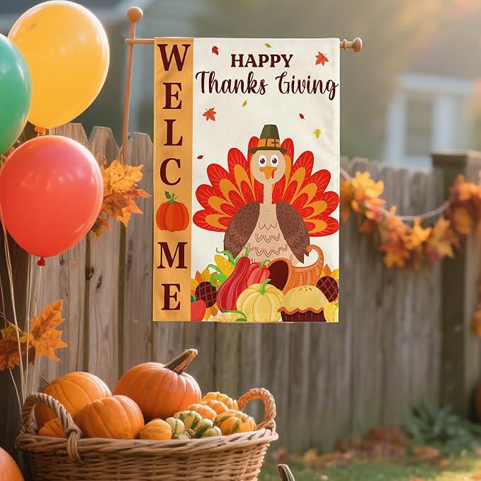 OHOME Thanksgiving Decorations - Welcome Garden Flag | Thanksgiving Decor Outdoor Outside - Friendsgiving Party Decorations Essentials Double-Side Backdrop Banner for Garden Porch Patio Lawn,12x18 Inch