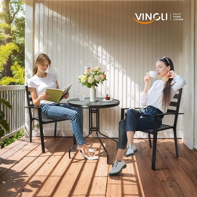 VINGLI Outdoor Bistro Table, 24" Patio Table Steel Frame Tempered Glass Top, Dining Tables for Balcony Garden Poolside (24‘’ Round)