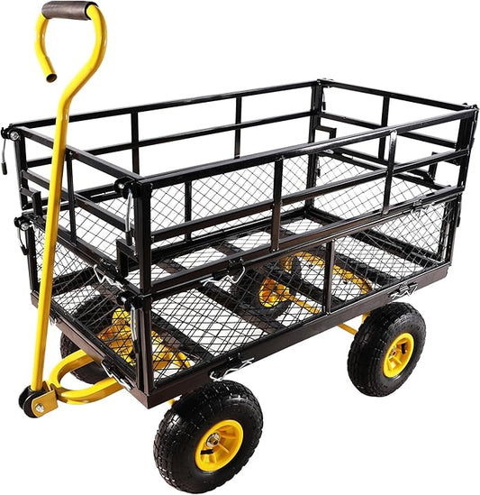 Steel Garden Cart 600 lbs Capacity Heavy Duty Garden Wagons,with Removable Steel Mesh Sides to Convert into Flatbed,Utility Metal Wagon w/ 180°Rotating Handle (Yellow-Pneumatic-Double Height)