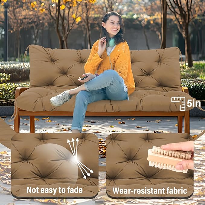 Premium 5" Thick Waterproof Outdoor Swing Cushions Sturdy Durable 2-3 Seat Replacement Porch Swing Cushions with Backrest&Ties Bench Cushion for Outdoor Furniture Backyard Patio(48x40inch)