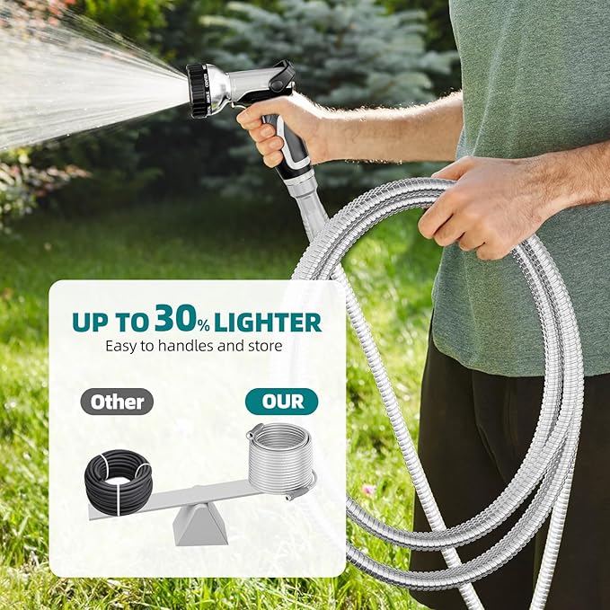 SPECILITE 304 Stainless Steel Garden Hose 50 ft with 360° Swivel Handle, Lightweight & Flexible Metal Water Hose with Heavy Duty Nozzle for Yard, Outdoor, Lawn