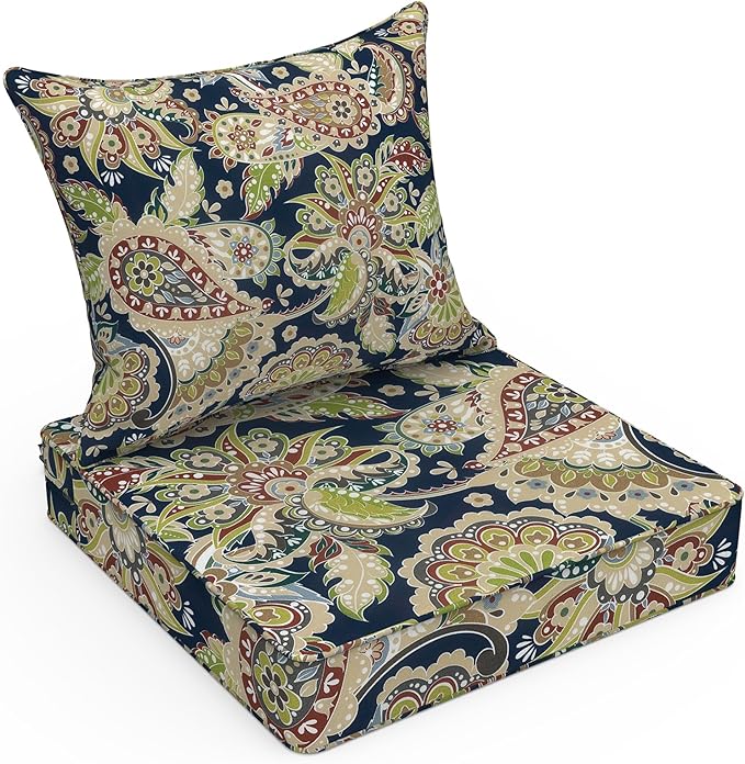 LVTXIII Outdoor Deep Seat Cushion Patio Seat and Back Cushion Set Seasonal Chair Cushion with Removable Cover and Adjustable Buckle for Home and Garden, 22"x22"x4", Paisley Sapphire Blue