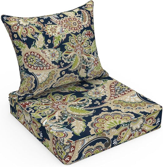 LVTXIII Outdoor Deep Seat Cushion Patio Seat and Back Cushion Set Seasonal Chair Cushion with Removable Cover and Adjustable Buckle for Home and Garden, 22"x22"x4", Paisley Sapphire Blue
