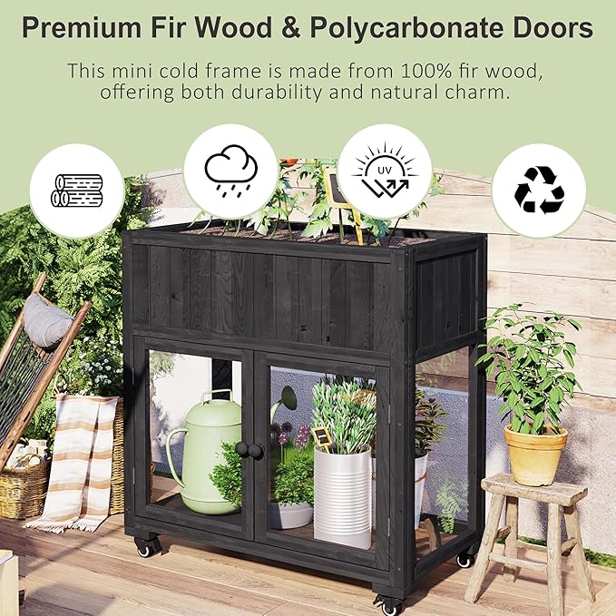 Polibi Patio Mini Wood Cold Frame, Compact 2 Doors Garden Greenhouse with Wheels, Raised Bed with Liner for Indoor Outdoor Use,35.4''x17.7''x37.4'',Black