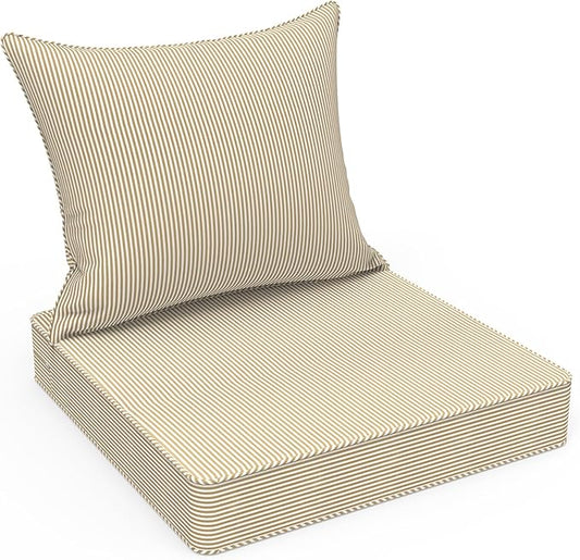 LVTXIII Outdoor Deep Seat Cushion Patio Seat and Back Cushion Set Seasonal Chair Cushion with Removable Cover and Adjustable Buckle for Home and Garden, 24"x24"x4", Strip Beige