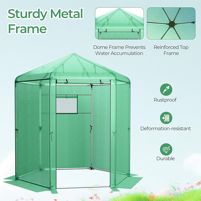 HAPPYGRILL 7 x 6 x 7.5 FT Walk-in Greenhouse, Large Outdoor Heavy Duty Greenhouse with PE Cover, Mesh Window & Roll-Up Door, Portable Greenhouses for Plant Gardening