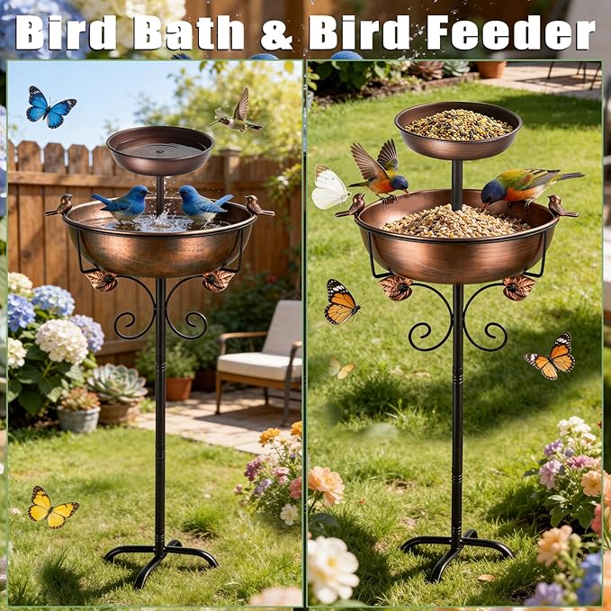 1.5 Gallon Lower Basin, 2 Tier Metal Bird Bath for Outside, 46.65 Inch Vintage Freestanding Bird Bath with Upgraded 5-Pronged Base, 2 in 1 Bird Bathing & Bird Feeding, Garden Patio Yard Lawn Decor