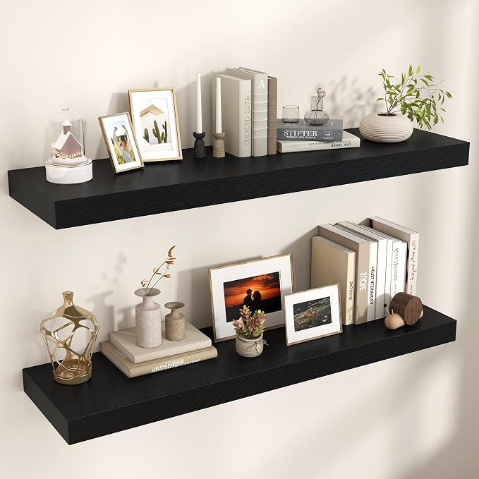 48 Inch Floating Shelves for Wall, 12"D Wood Storage Shelves, Black Finish