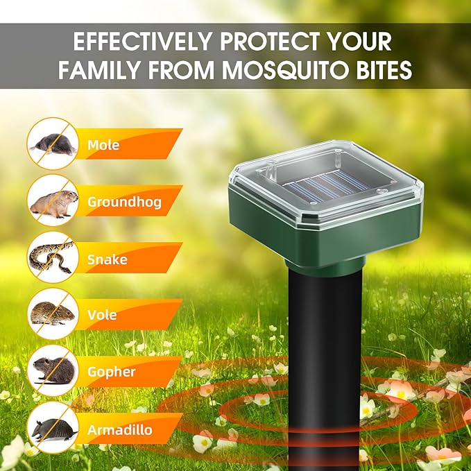 8 Pack Mole Repellent Solar Powered, Gopher Repellent Ultrasonic Groundhog Repeller Mole Stakes Deterrent, Solar Rodent Repeller Vole Repellent Spikes Snake Rodent Repellent for Lawns Yard