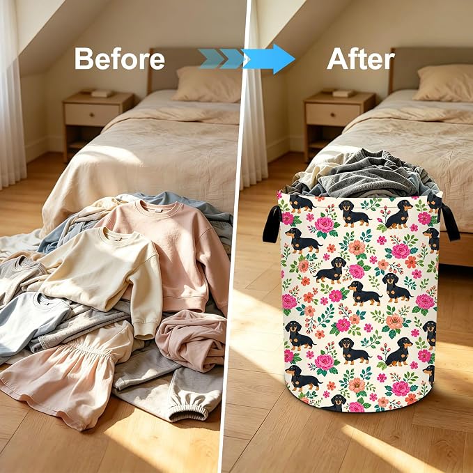Dog Laundry Basket Collapsible Oxford Laundry Hamper Clothes Storage Bin with Handles for Bedroom Bathroom Laundry Room 19.6 x 15.7 Inches