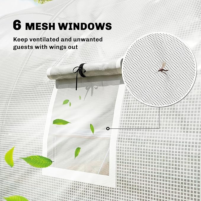 Outsunny 10'x11'x6' Walk-in Tunnel Greenhouse with Shelves, Mesh Door and Windows, Hoop House Greenhouse with PE Cover, Outdoor Green House for Patio Lawn Garden, White