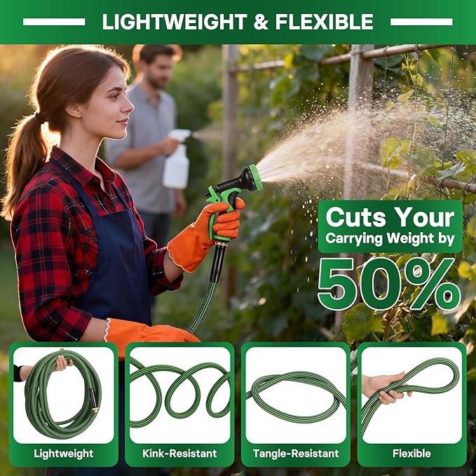 Garden Hose 50 ft Flexible Non-Expandable Water Hose Kink-Free Ultra Lightweight Leak-Proof Durable Portable Wear-Resistant Hoses Pipe with 3/4" Brass Fittings for Outdoor Yard Lawn Car Wash