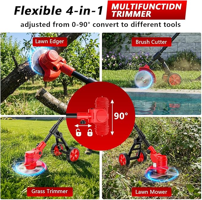 Electric Weed Wacker Cordless with Wheels, 4-in-1 Weed Eater Battery Powered 4000mAh 21V, Brush Cutter/String Trimmer/Grass Trimmer/Lawn Mower with 3 Types Blades, Lightweight Garden Tool, 2 Battery