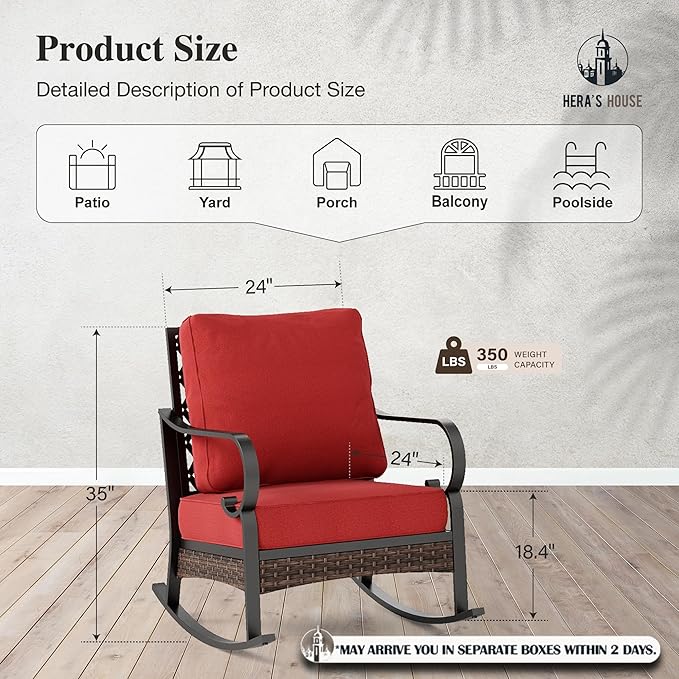 HERA'S HOUSE Patio Rocking Chairs Set of 2 with Thick Cushions, High Back Metal Outdoor Rockers, All Weather Garden Furniture for Backyard, Deck, Lawn, Red