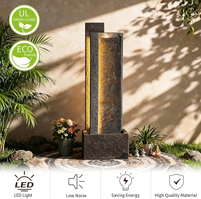 Sunlinua 43H Modern Outdoor Water Fountain with LED Light Garden Cascading Waterfall Feature for Indoor or Outdoor Cascading Waterfall for Relaxing Garden Patio Backyard Deck Porch or Home Décor