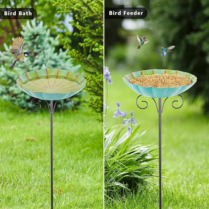 Metal Bird Baths for Outdoors, 39" H Birdbath with 10 Inch Bowl, Standing Bird Bath & Bird Feeder with Stake for Outside Garden Patio Yard Lawn Decor, Yellow Green