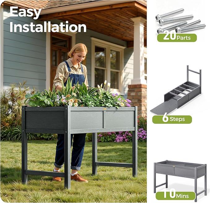 TT Nature HDPE Raised Garden Bed with Legs, 47x22x30 inch Outdoor Elevated Planter Box for Vegetables, Herbs & Flowers, Weather-Resistant Raised Garden Beds for Patio, Balcony & Backyard Gardening