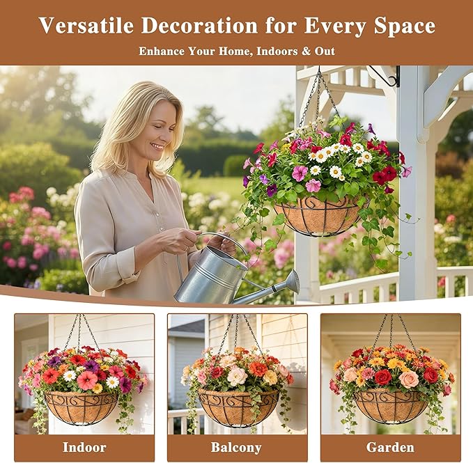 4 Pack Hanging Planter for Outdoor Plants 12 inch Metal Hanging Flower Basket with Coco Coir Liner Round Wire Plant Holder Chain Flower Pots Outdoor Garden Decoration Watering Hanging Baskets（HB）
