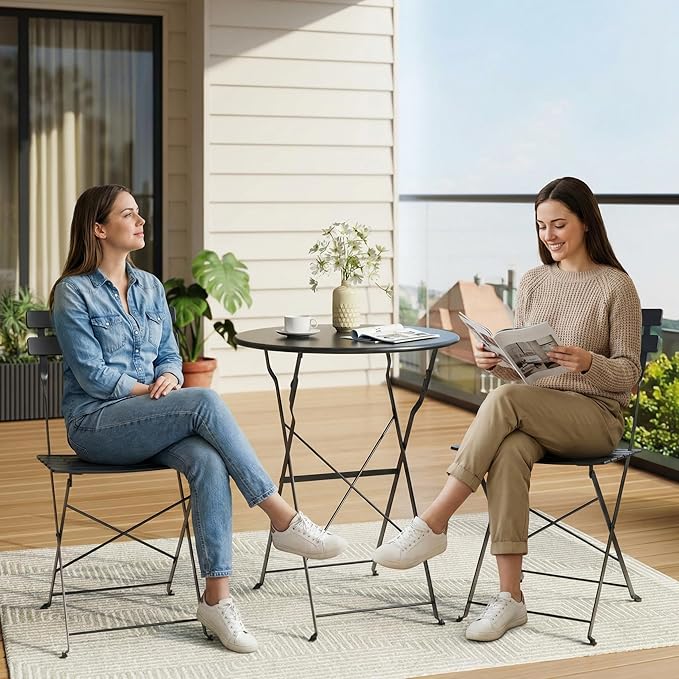 GarveeHome 3-Piece Foldable Bistro Set, Outdoor Patio Furniture with 2 Folding Chairs & 1 Table, Weather-Resistant Indoor/Outdoor Conversation Set for Patio, Black
