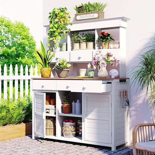 RUNNA 65.7'' H Tall Garden Potting Bench Table with Hutch,Patio Storage Workstation with 3 Shelves,6 Drawers,2 Bottom Cabinets&Side Hooks for Mudroom,Doorway (White@024, 65.7)