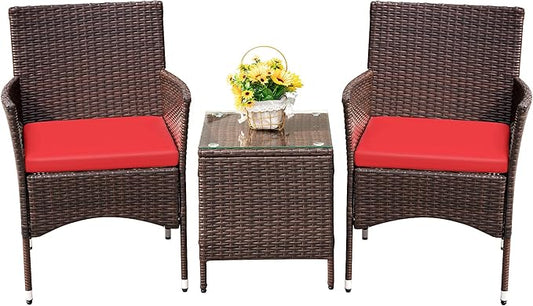 Devoko Patio Porch Furniture Sets 3 Pieces PE Rattan Wicker Chairs with Table Outdoor Garden Furniture Sets (Brown/Red)