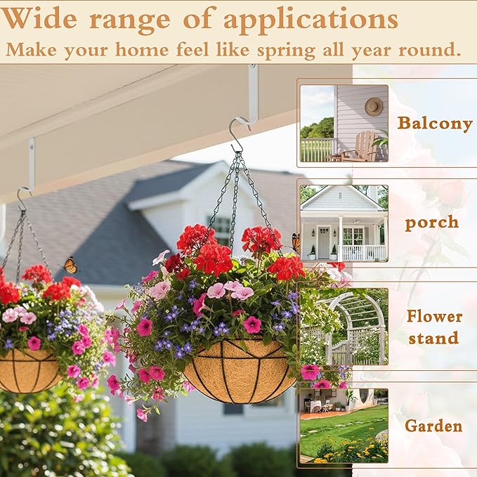 2 Pack 12" Round Metal Hanging Basket for Outdoor Plants Durable Large Hanging Planter with Coco Coir Round Plant Holders Planter for Outside Garden Decoration (Geometric)