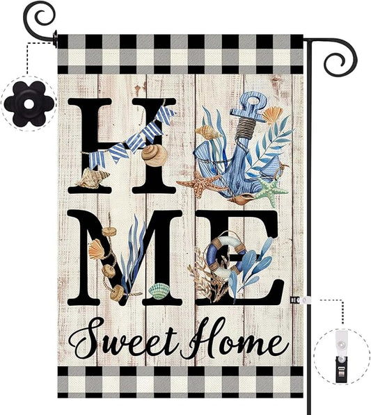 ORTIGIA Beach Garden Flag 12.5 x 18 Inch Double Sided Burlap Home Sweet Home Blue Anchor Starfish Seashell Coastal Ocean Small Yard Flag Summer Holiday Seasonal Outdoor Outside Decoration